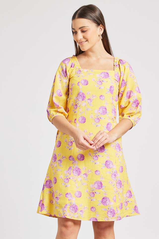 Printed-Viscose-Blend-Square-Neck-Women-s-Knee-Length-Dress