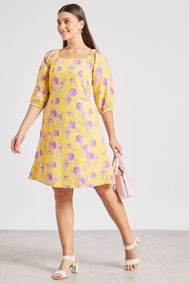 Printed-Viscose-Blend-Square-Neck-Women-s-Knee-Length-Dress