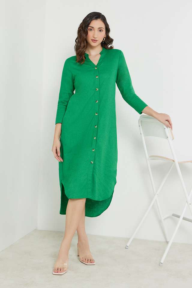 Solid-Linen-Round-Neck-Women-s-Midi-Dress