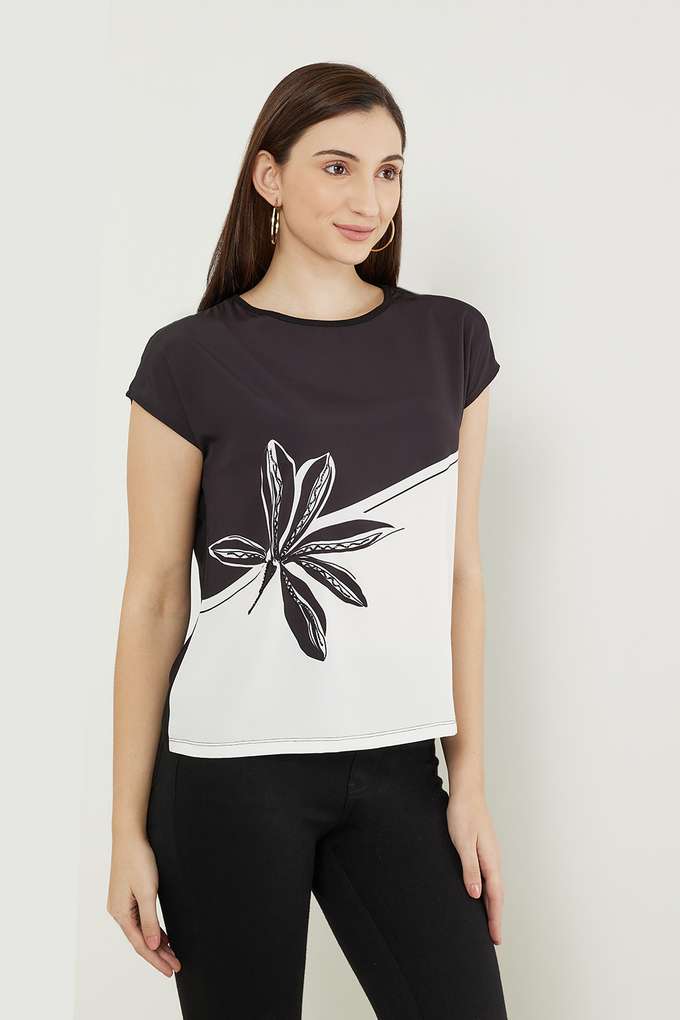 Printed-Polyester-Round-Neck-Women-s-Top