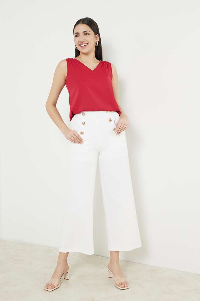 Solid-Polyester-V-Neck-Women-s-Top