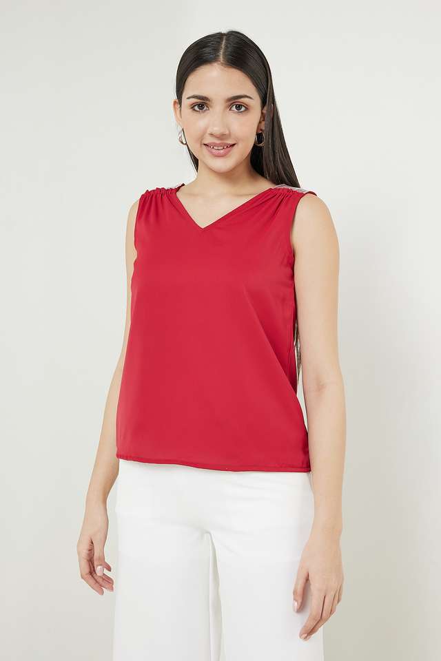 Solid-Polyester-V-Neck-Women-s-Top