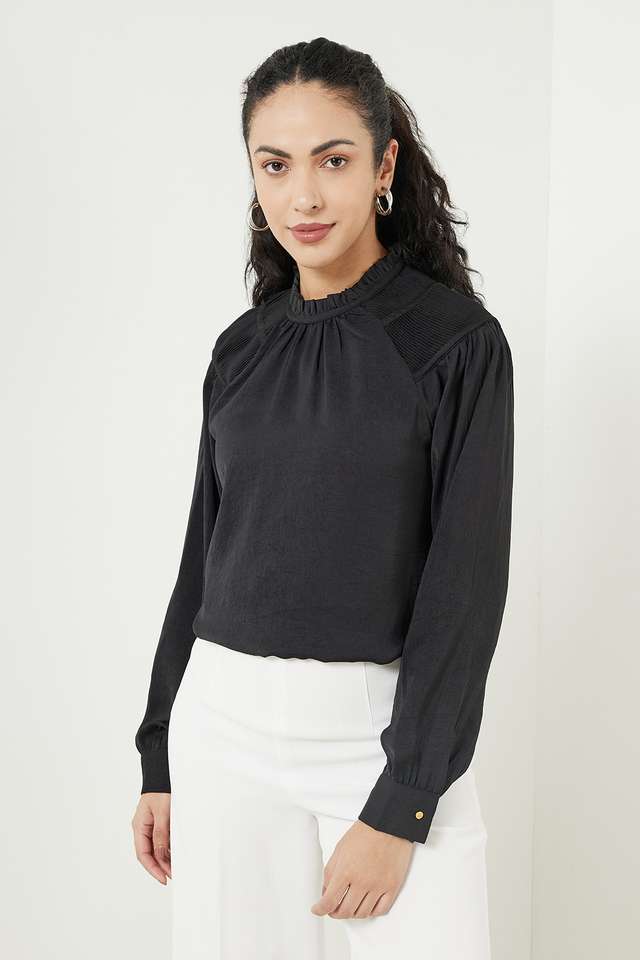 Solid-Polyester-Round-Neck-Women-s-Top