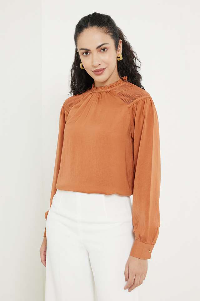 Solid-Polyester-Round-Neck-Women-s-Top