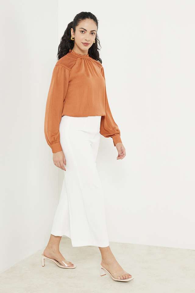 Solid-Polyester-Round-Neck-Women-s-Top