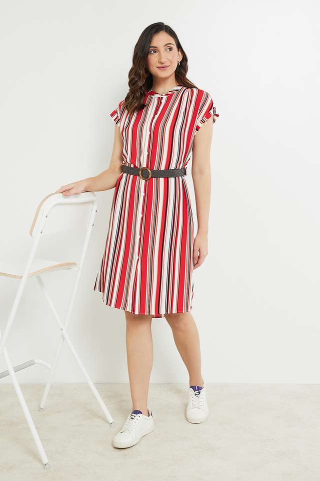 Stripes-Polyester-Collar-Neck-Women-s-Knee-Length-Dress