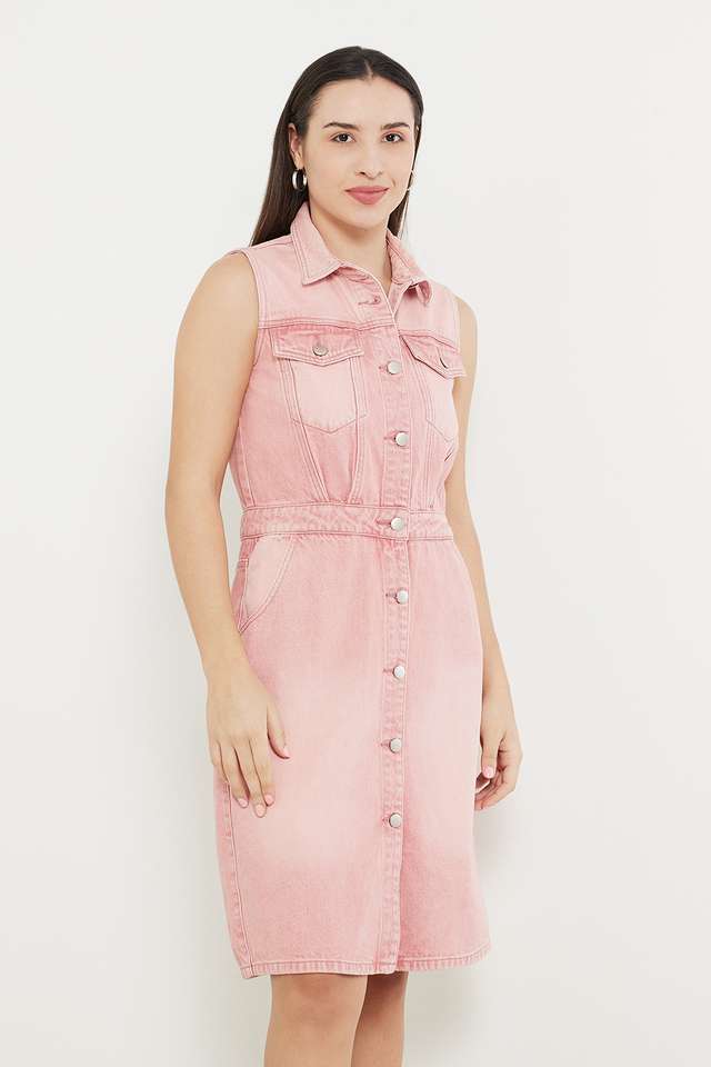 Buy Life Pink Solid Denim Collar Neck Women's Knee Length Dress | Shoppers  Stop