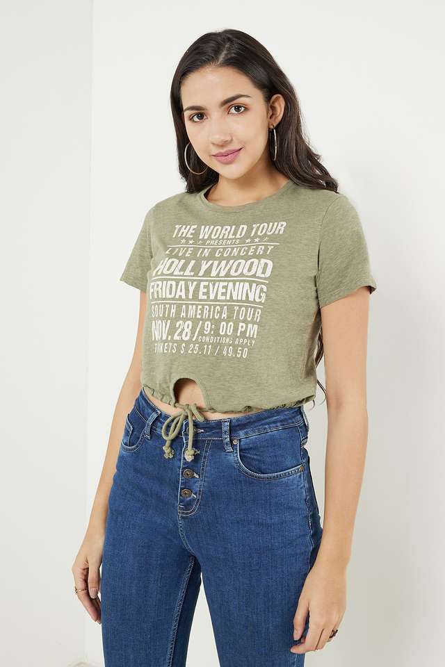 Printed-Blended-Fabric-Round-Neck-Women-s-T-Shirt