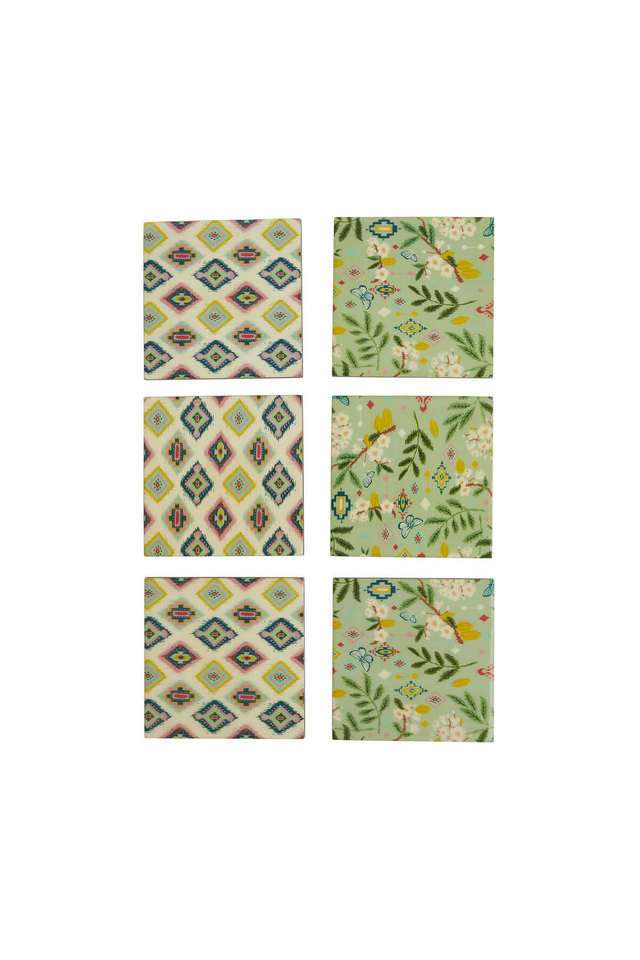 Country-Wooden-Coasters--Farm-Garden -Green -Ikkat -Set-of-6 -4-x-4