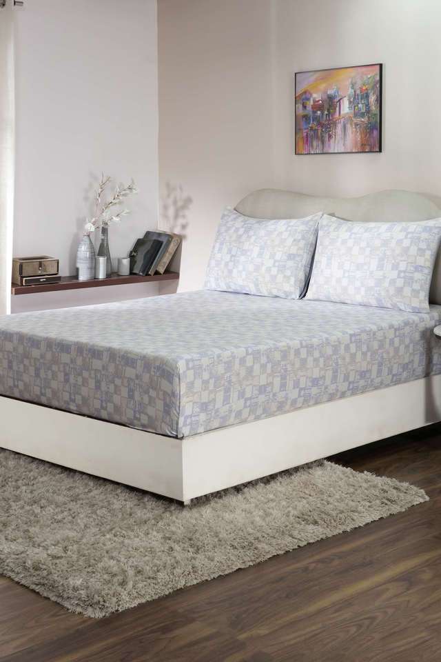 Hues-PBS-Refined-Retro-210-TC-Cotton-Rochelle-Blue-King-Bed-Sheet-With-2-Pillow-Covers