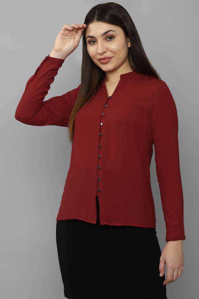 Solid-Polyester-Round-Neck-Women-Top