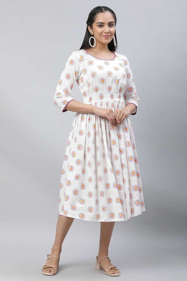 Printed-Round-Neck-Cotton-Blend-Women-s-Knee-Length-Dress