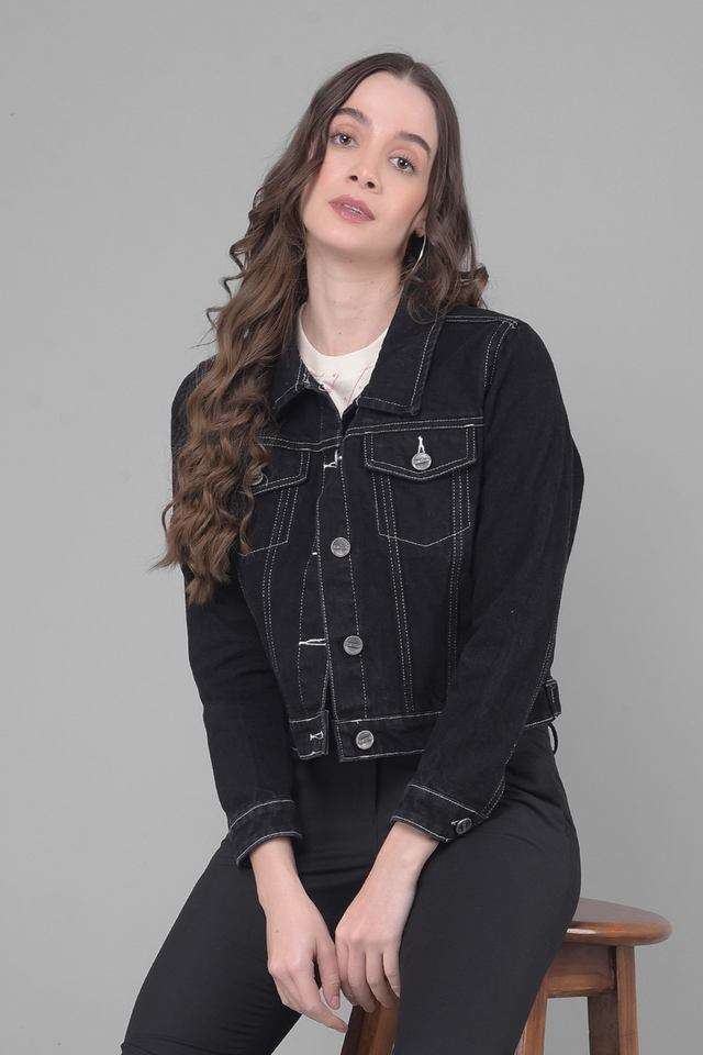 Solid High Neck Blended Fabric Women's Casual Wear Jacket-image-4