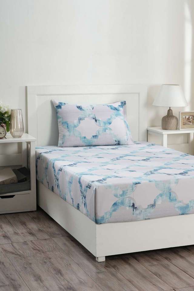 Hues-Enchanted-Harmony-Ogee-Flent-Blue-Single-Bed-Sheet-With-Pillow-Case