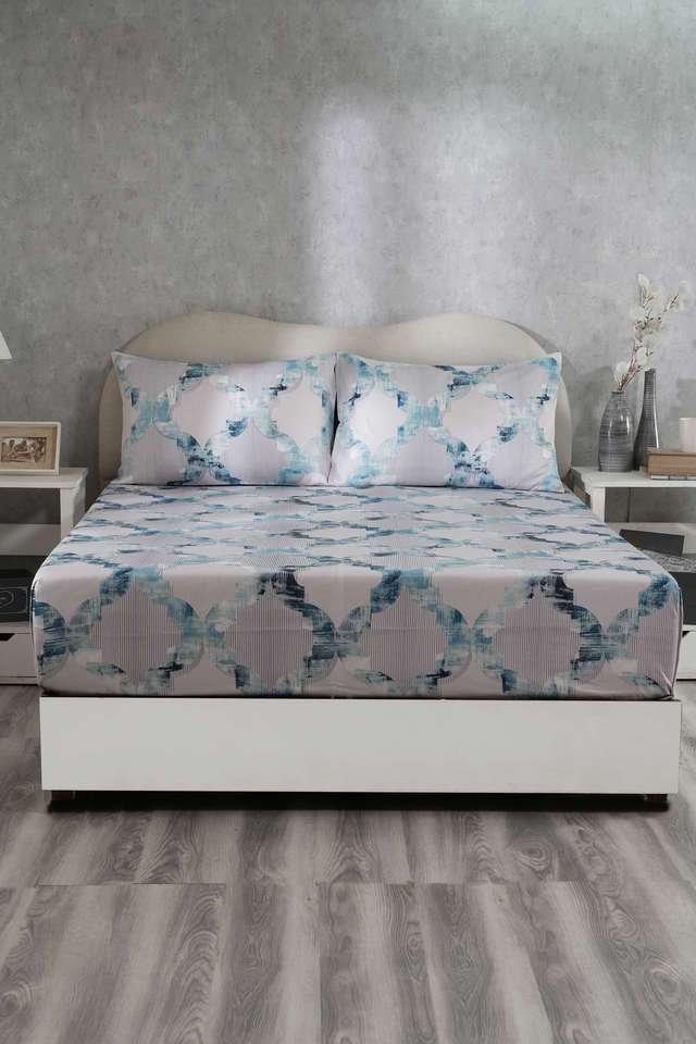 Hues-Enchanted-Harmony-Ogee-Flent-Blue-Double-Bed-Sheet-With-Pillow-Case