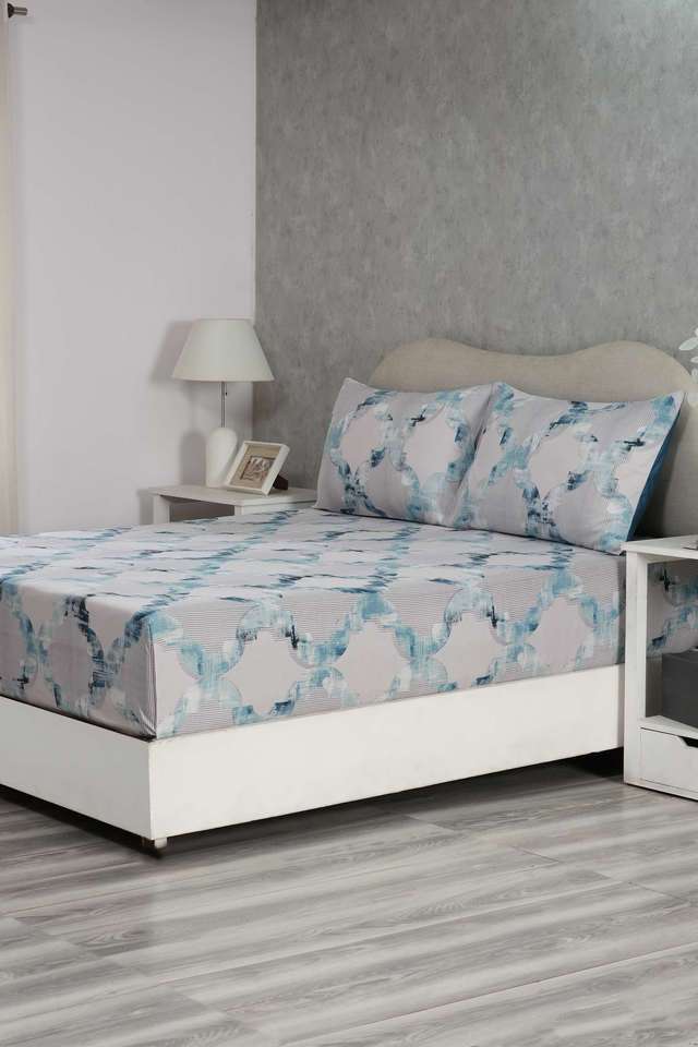 Hues-Enchanted-Harmony-Ogee-Flent-Blue-King-Bed-Sheet-With-Pillow-Case