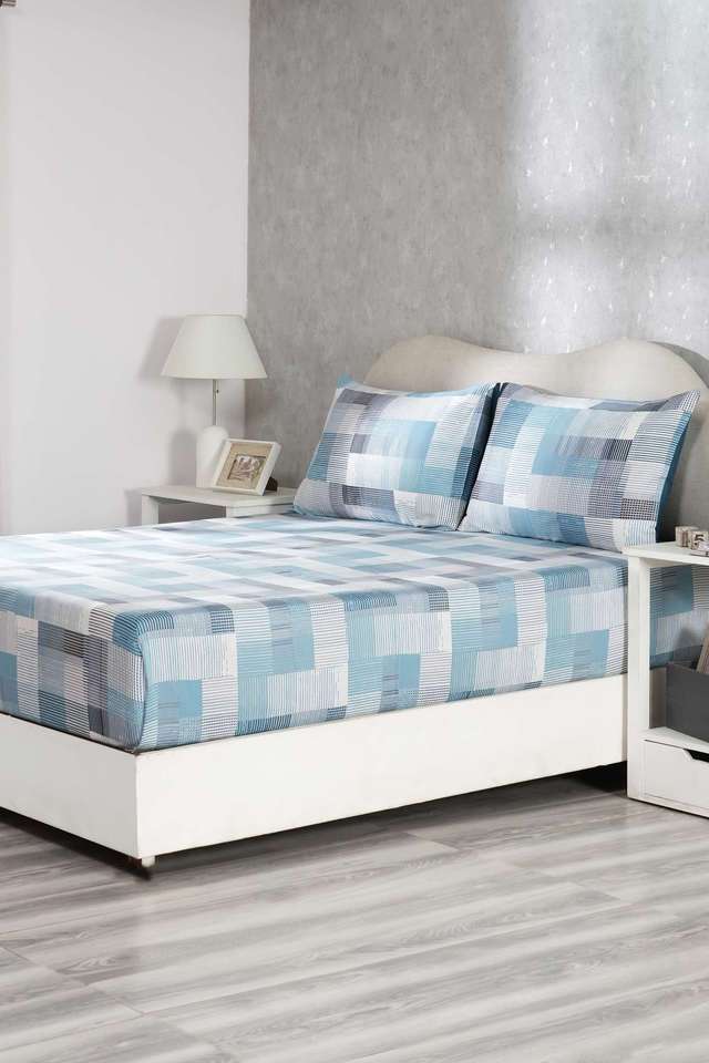 Hues-Enchanted-Harmony-Division-Loaf-Blue-Double-Bed-Sheet-With-Pillow-Case