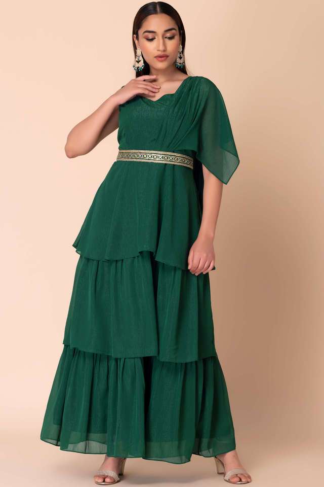 Buy Indya green Solid Chiffon Sweetheart Neck Women's Fusion Wear Kurta |  Shoppers Stop