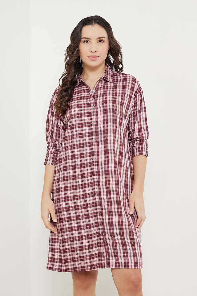 Checks-Collar-Neck-Rayon-Women-s-Night-Dress