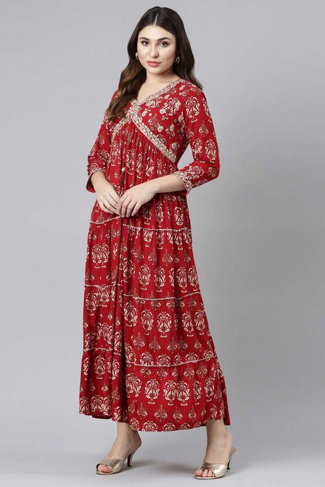 Buy neerus Maroon Printed U Neck Rayon Women's Maxi Dress