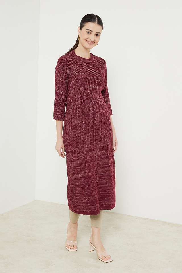 Solid-Polyester-Round-Neck-Women-s-Winter-Wear-Kurta