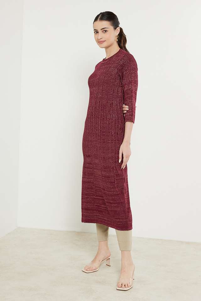 Solid-Polyester-Round-Neck-Women-s-Winter-Wear-Kurta