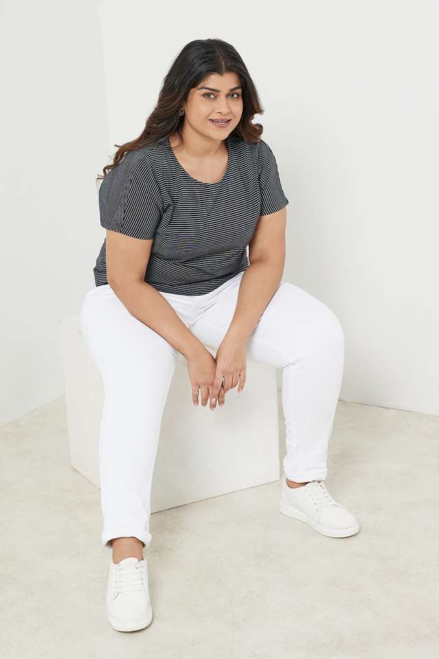 Plus-Size-Stripes-Cotton-Blend-Round-Neck-Women-s-T-Shirt