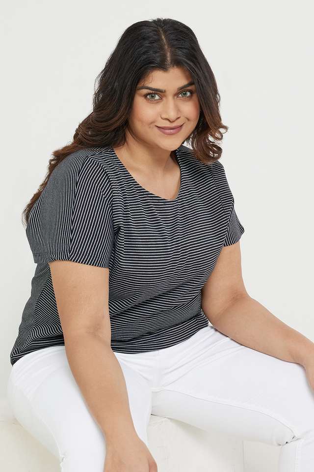 Plus-Size-Stripes-Cotton-Blend-Round-Neck-Women-s-T-Shirt