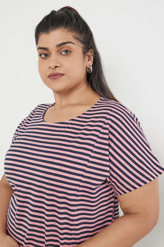 Plus-Size-Stripes-Cotton-Blend-Round-Neck-Women-s-T-Shirt