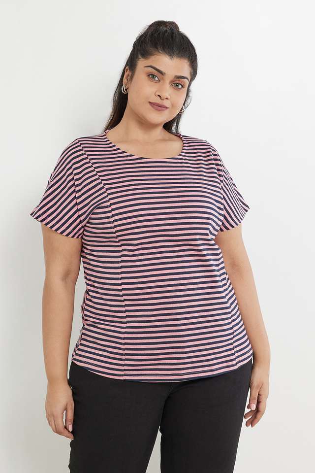 Plus-Size-Stripes-Cotton-Blend-Round-Neck-Women-s-T-Shirt