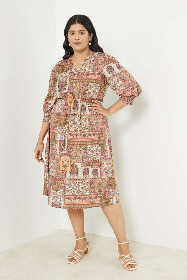 Plus-Size-Printed-Polyester-V-Neck-Women-s-Knee-Length-Dress