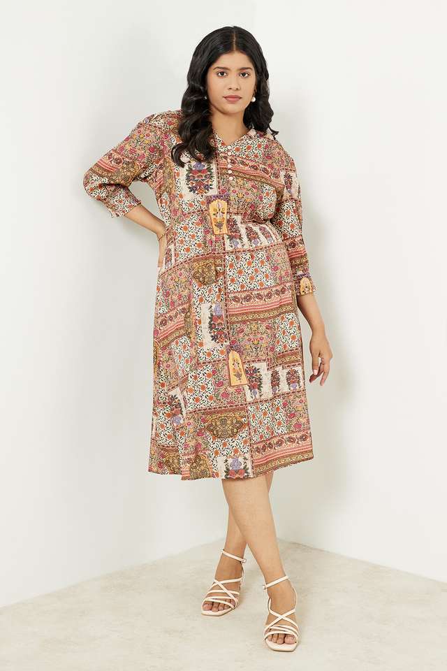 Plus-Size-Printed-Polyester-V-Neck-Women-s-Knee-Length-Dress