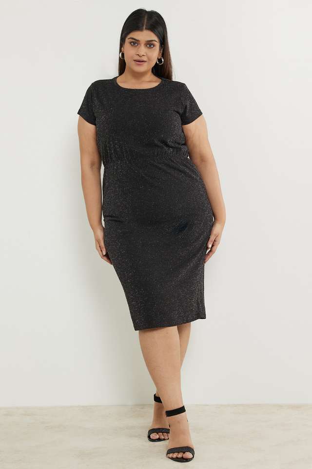 Plus-Size-Solid-Polyester-Round-Neck-Women-s-Knee-Length-Dress