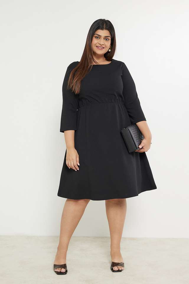 Plus-Size-Solid-Polyester-Blend-Round-Neck-Women-s-Knee-Length-Dress
