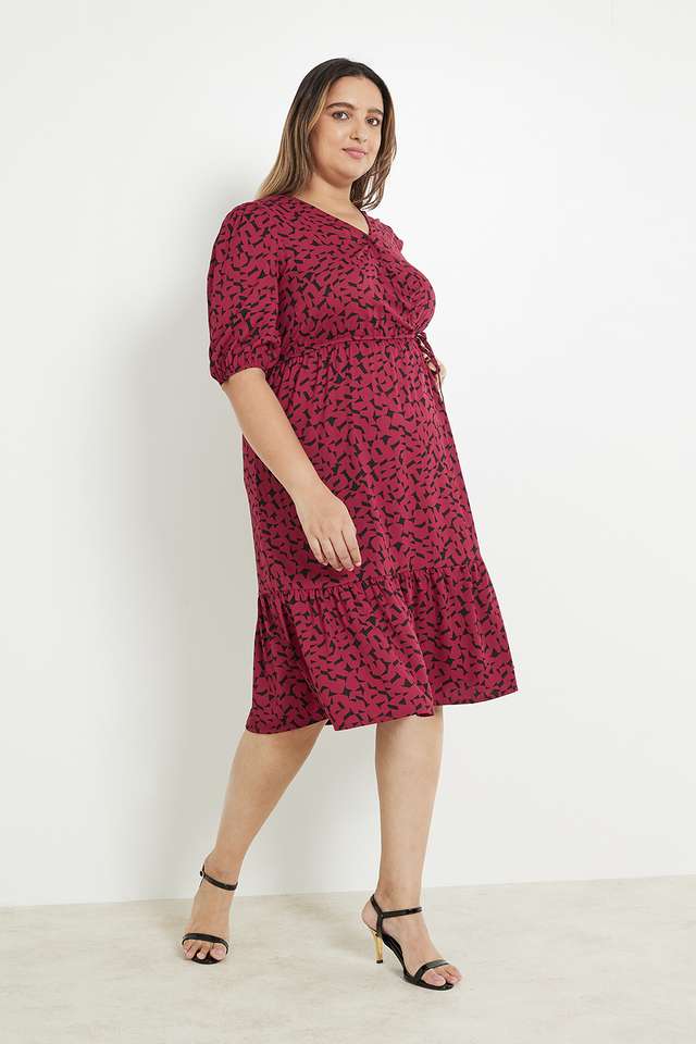 Plus-Size-Geometric-V-Neck-Polyester-Women-s-Midi-Dress