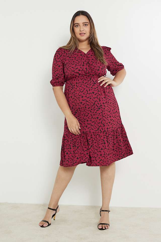 Plus-Size-Geometric-V-Neck-Polyester-Women-s-Midi-Dress