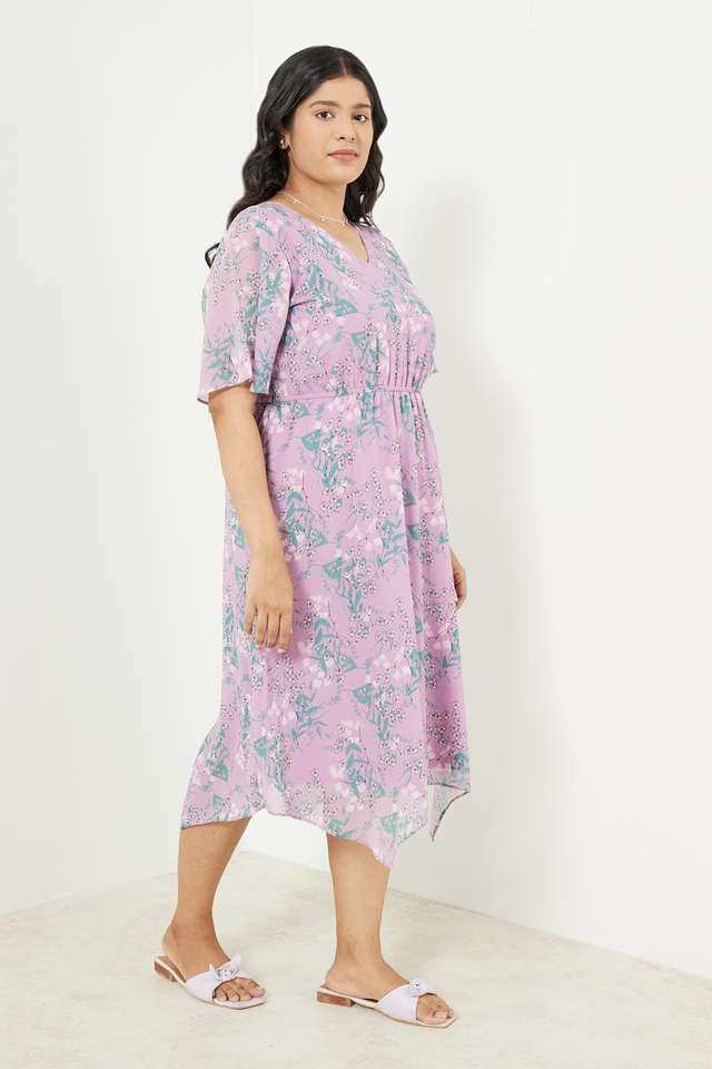 Floral-V-Neck-Polyester-Women-s-Dress