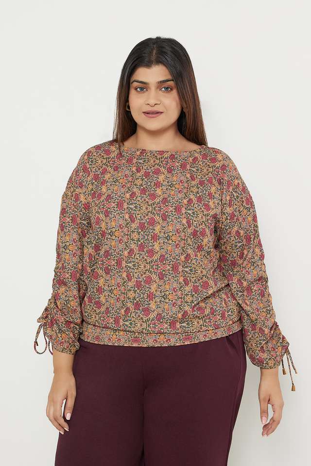 Plus-Size-Floral-Polyester-Round-Neck-Women-s-Top