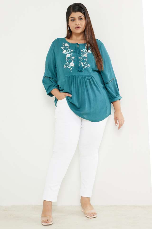 Plus-Size-Embroidered-Rayon-Round-Neck-Women-s-Top