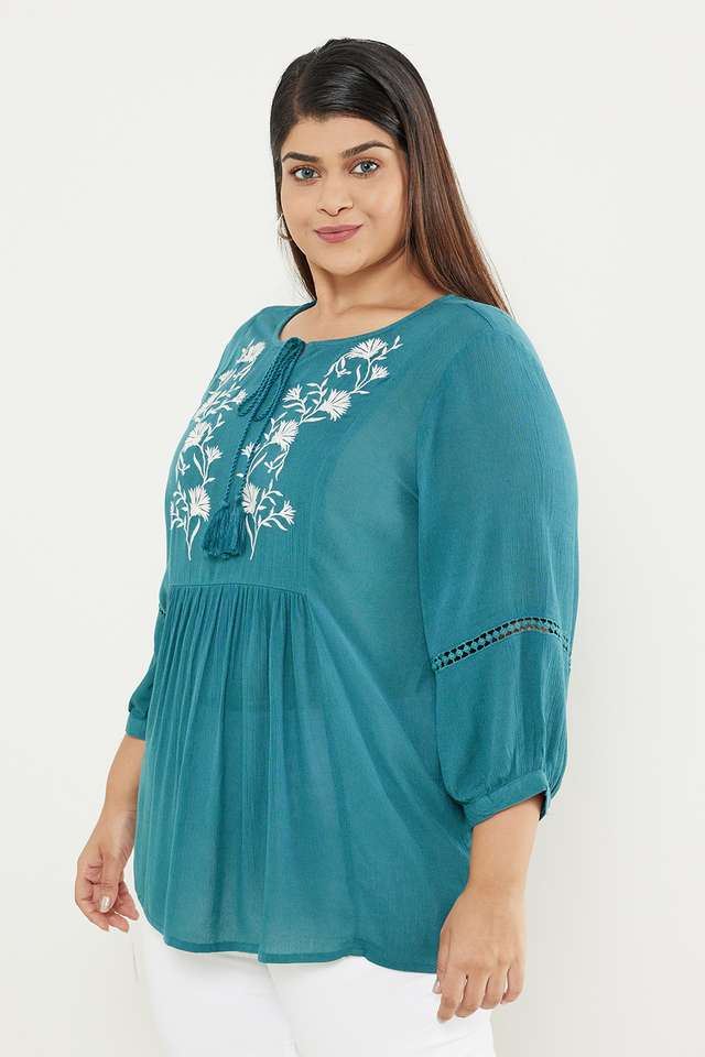 Plus-Size-Embroidered-Rayon-Round-Neck-Women-s-Top