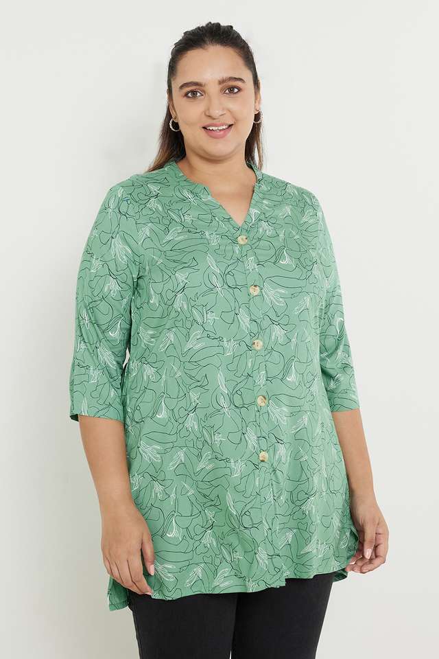 Plus-Size-Printed-Rayon-Mandarin-Women-s-Top