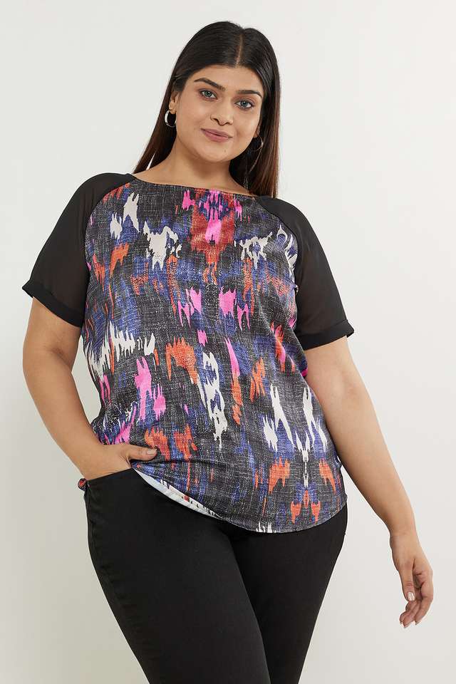 Plus-Size-Printed-Polyester-Round-Neck-Women-s-Top