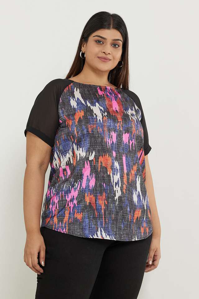 Plus-Size-Printed-Polyester-Round-Neck-Women-s-Top