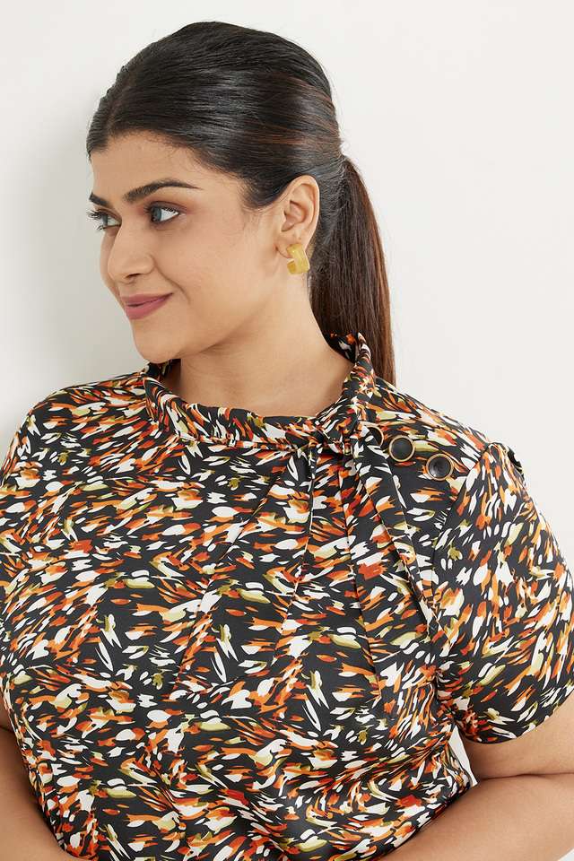 Plus-Size-Printed-Polyester-Tie-Up-Neck--Women-s-Top