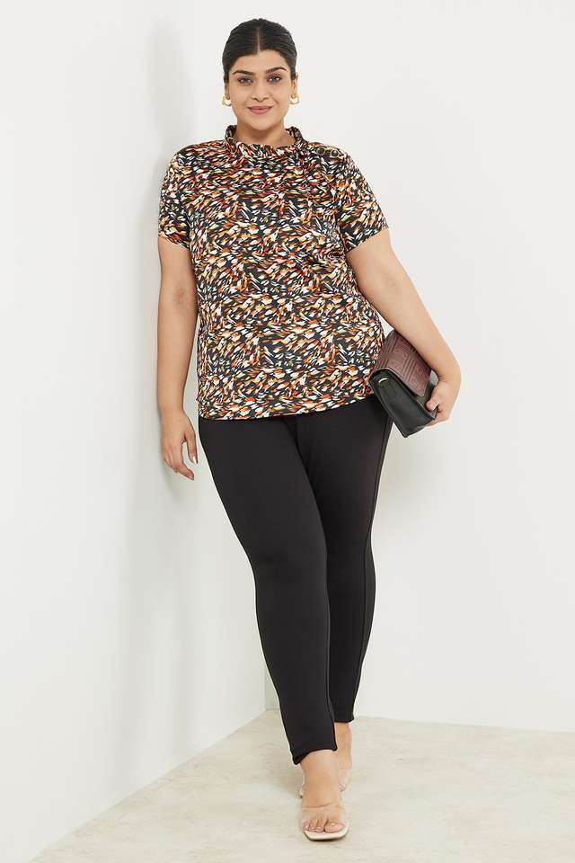 Plus-Size-Printed-Polyester-Tie-Up-Neck--Women-s-Top