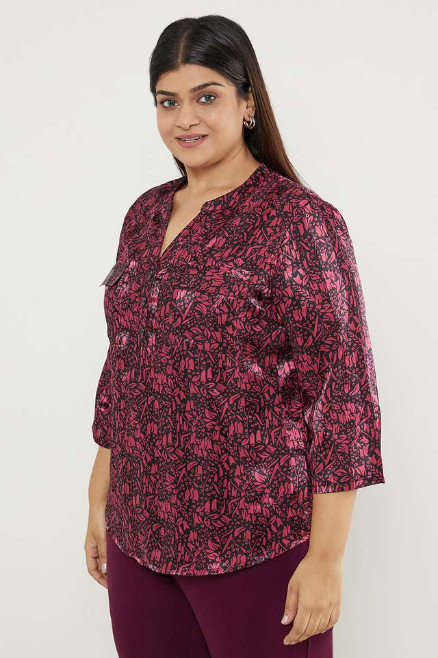 Plus-Size-Printed-Polyester-Collared-Women-s-Top