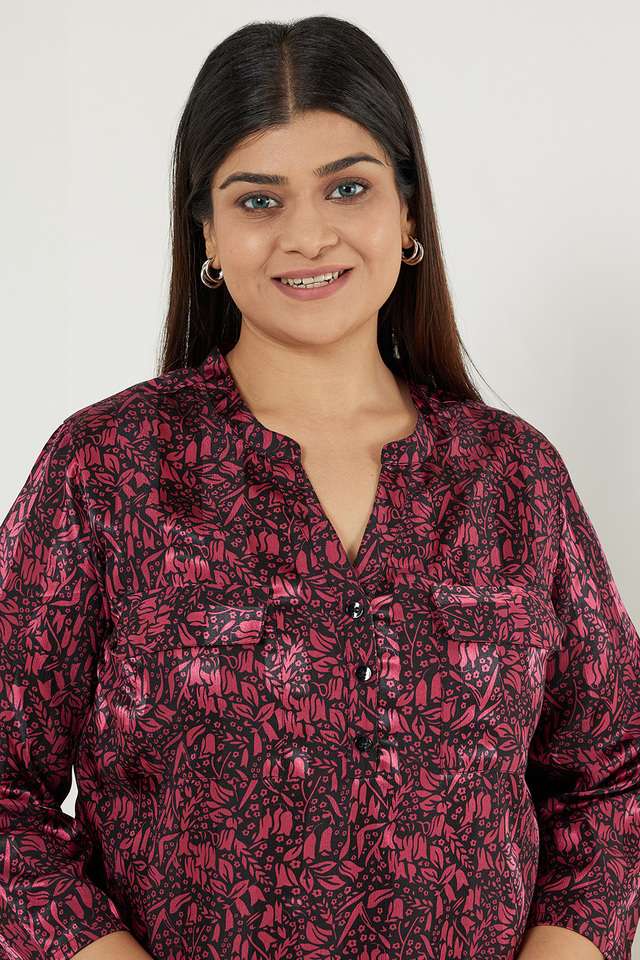 Plus-Size-Printed-Polyester-Collared-Women-s-Top
