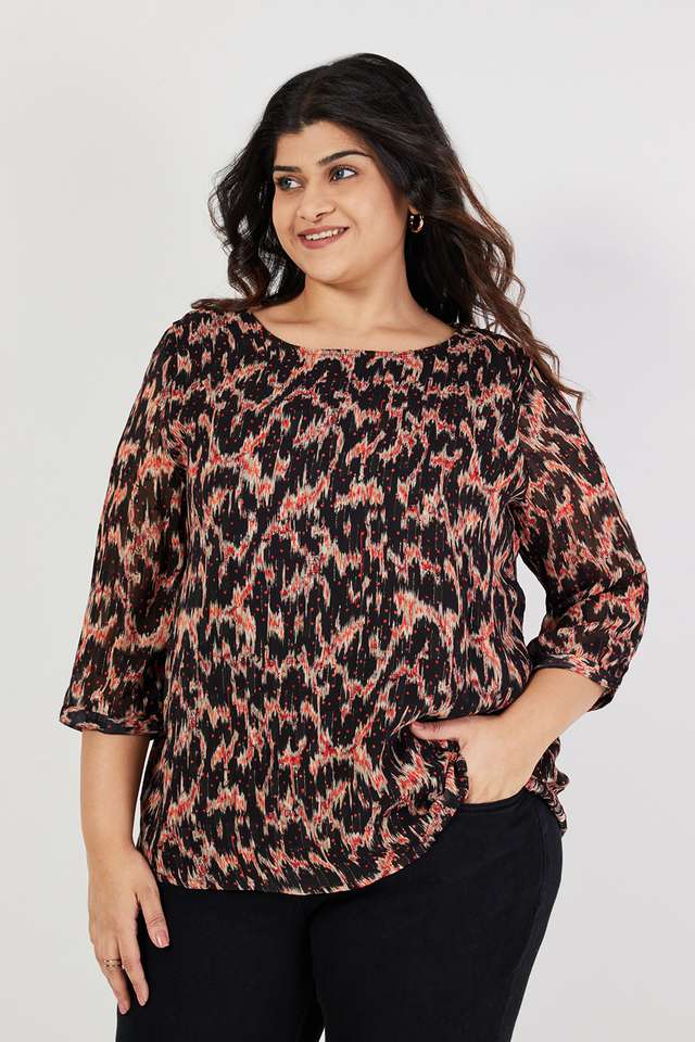 Plus-Size-Printed-Crepe-Round-Neck-Women-s-Top