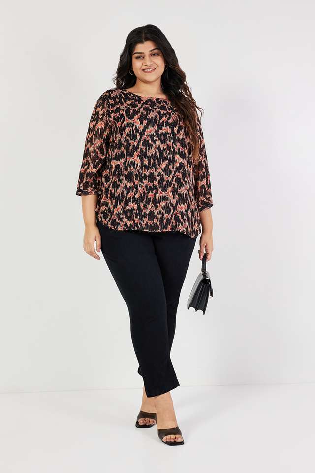 Plus-Size-Printed-Crepe-Round-Neck-Women-s-Top