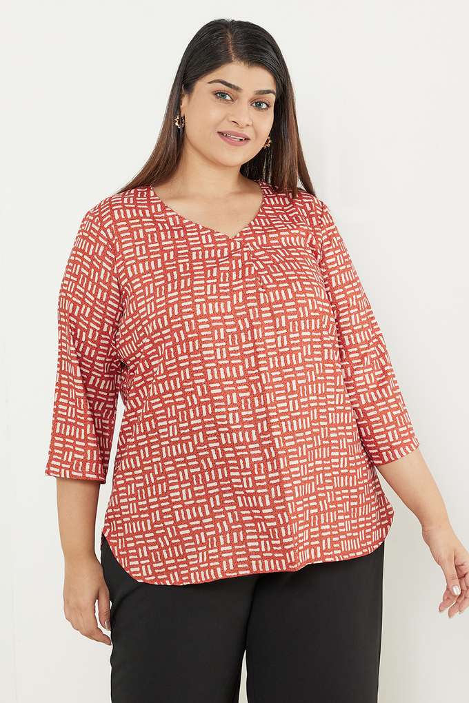 Plus-Size-Printed-Polyester-V-Neck-Women-s-Top